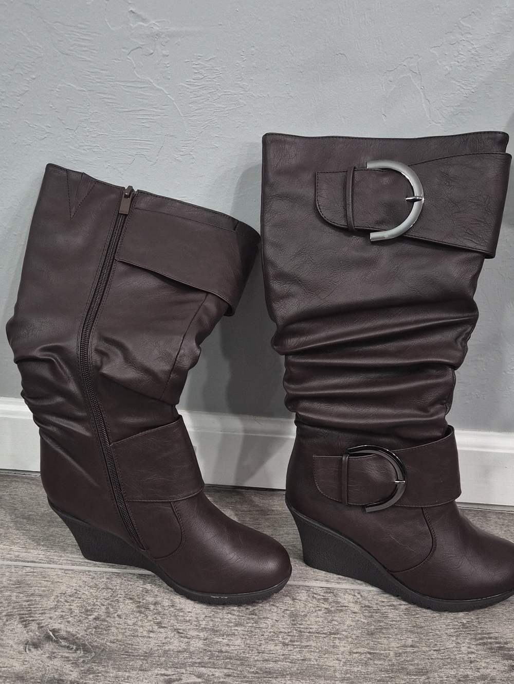 Brown Wedge Knee-High Boots